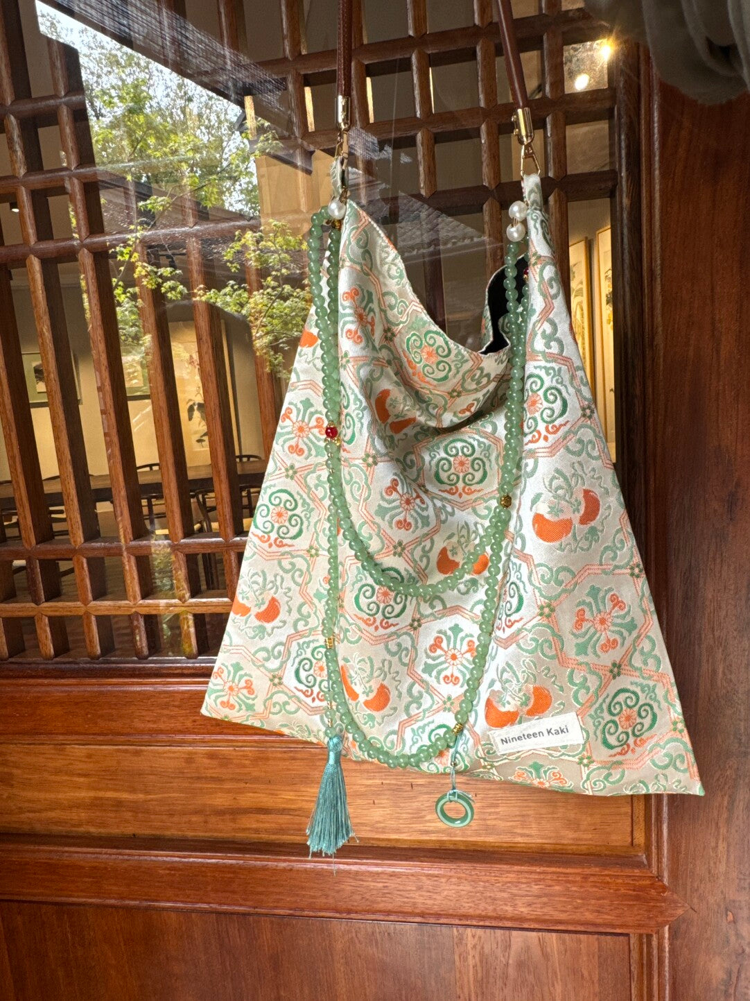 Chinoiserie Luxury Persimmon Jade Beaded Tassel Silk Bag - Lumivault