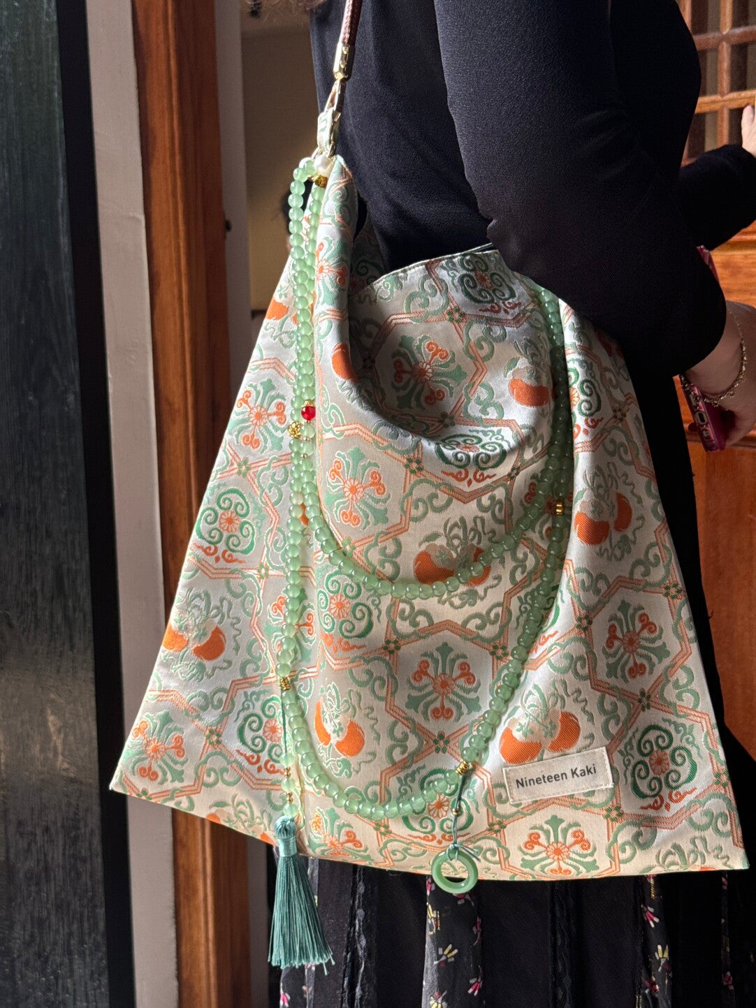 Chinoiserie Luxury Persimmon Jade Beaded Tassel Silk Bag - Lumivault