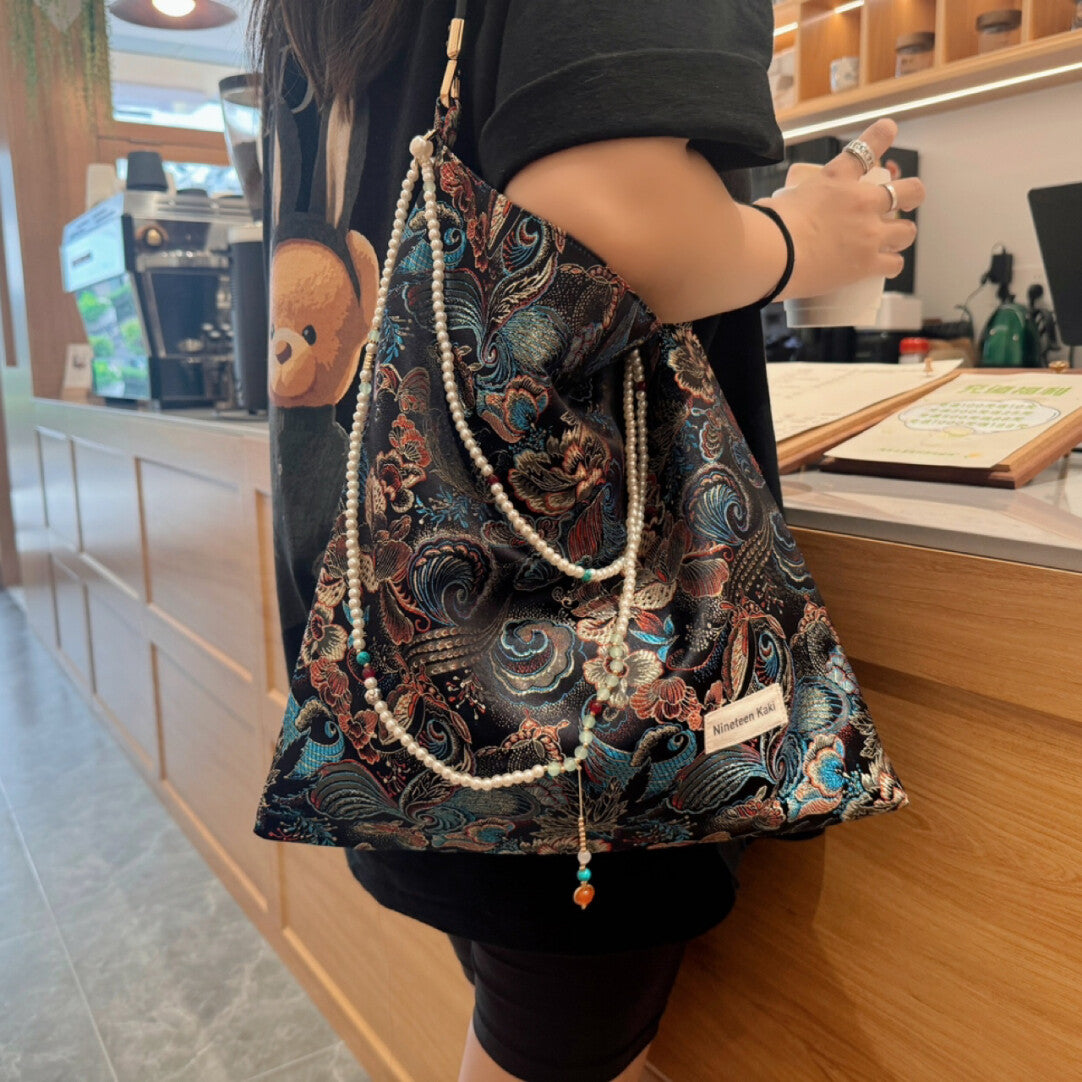 Chinoiserie Luxury Phoenix Tail Pearl Beaded Tassel Silk Bag - Lumivault