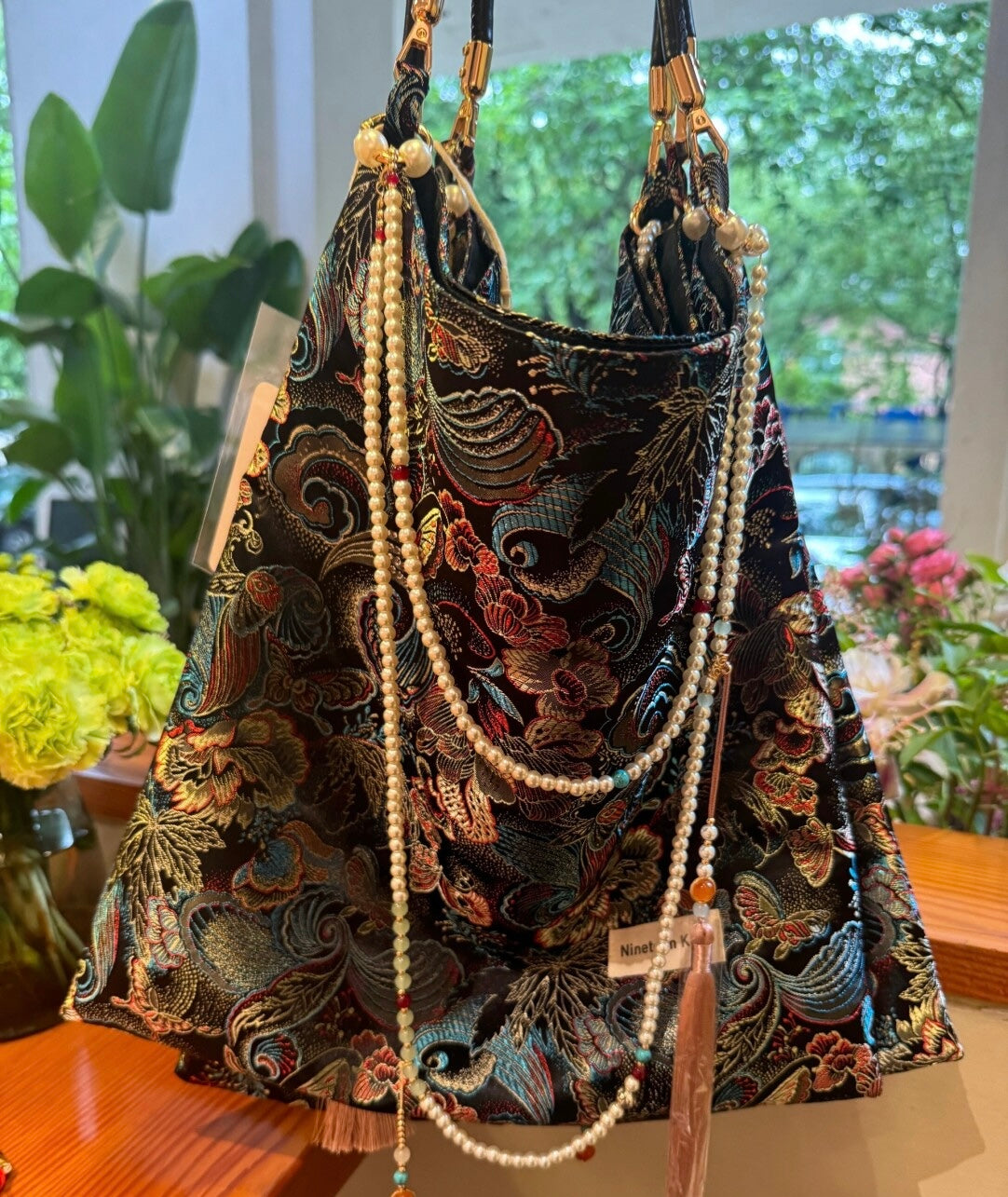 Chinoiserie Luxury Phoenix Tail Pearl Beaded Tassel Silk Bag - Lumivault