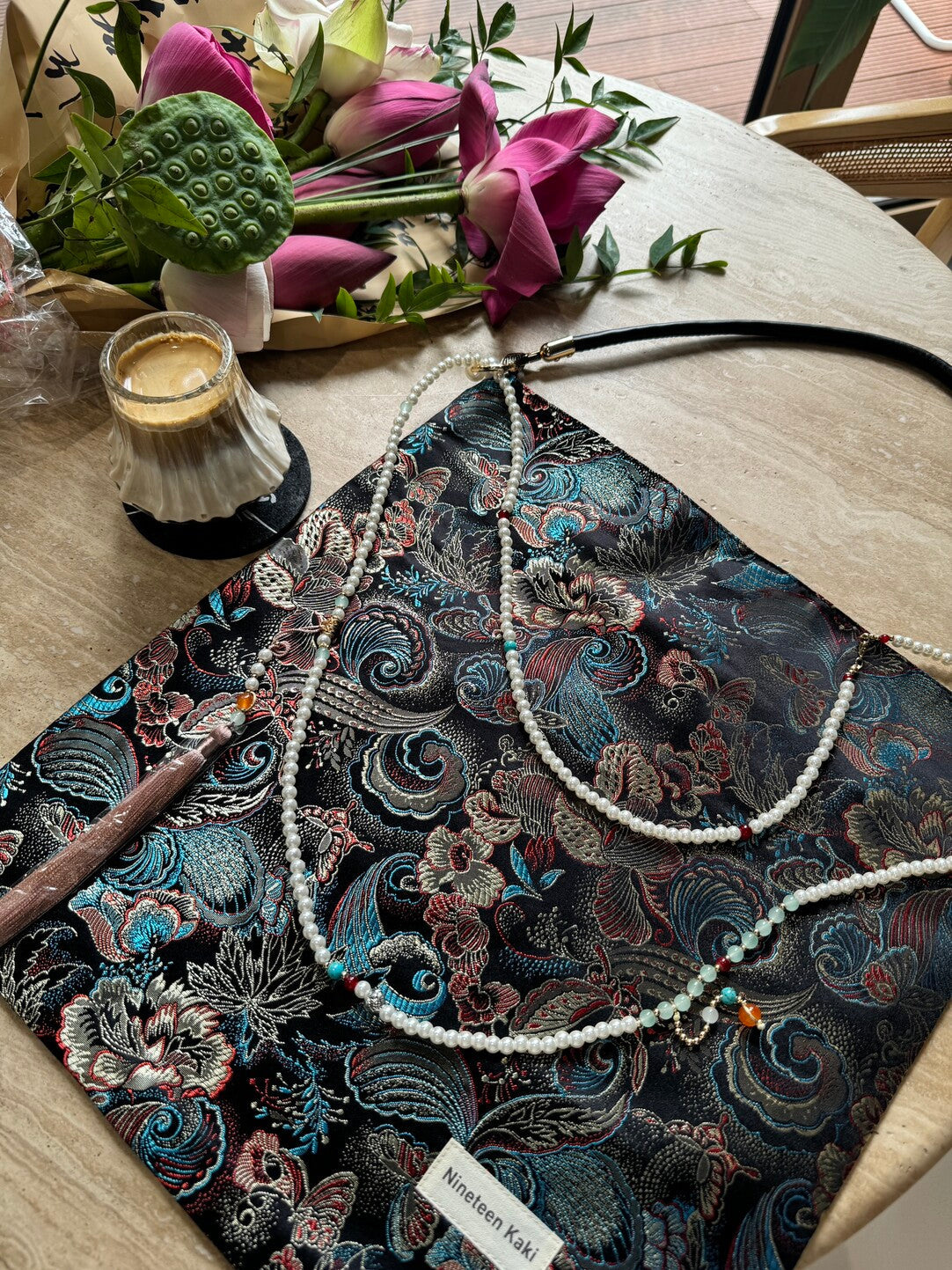 Chinoiserie Luxury Phoenix Tail Pearl Beaded Tassel Silk Bag - Lumivault