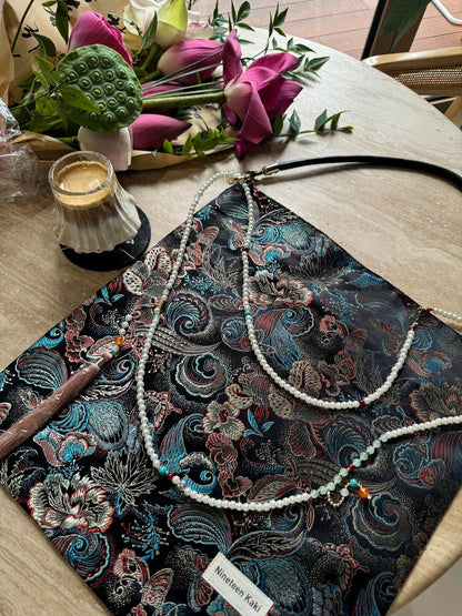 Chinoiserie Luxury Phoenix Tail Pearl Beaded Tassel Silk Bag - Lumivault