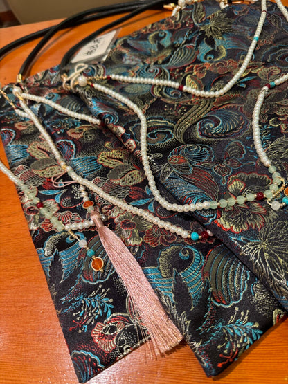 Chinoiserie Luxury Phoenix Tail Pearl Beaded Tassel Silk Bag - Lumivault