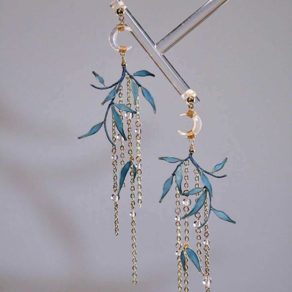 「Chinoiserie」Moonlit Bamboo Leaf Tassel Earrings,Lumivault.