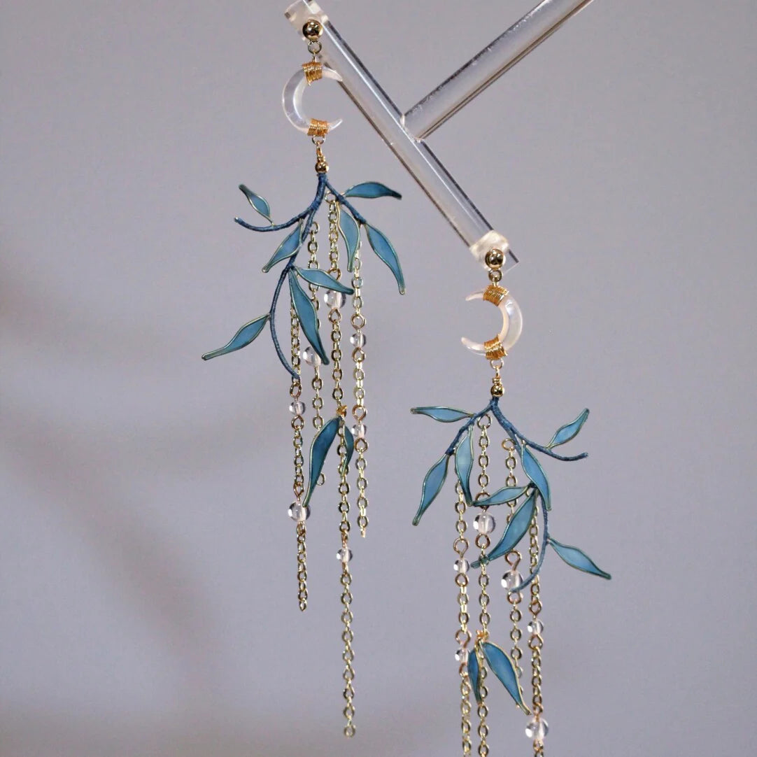 「Chinoiserie」Moonlit Bamboo Leaf Tassel Earrings,Lumivault.