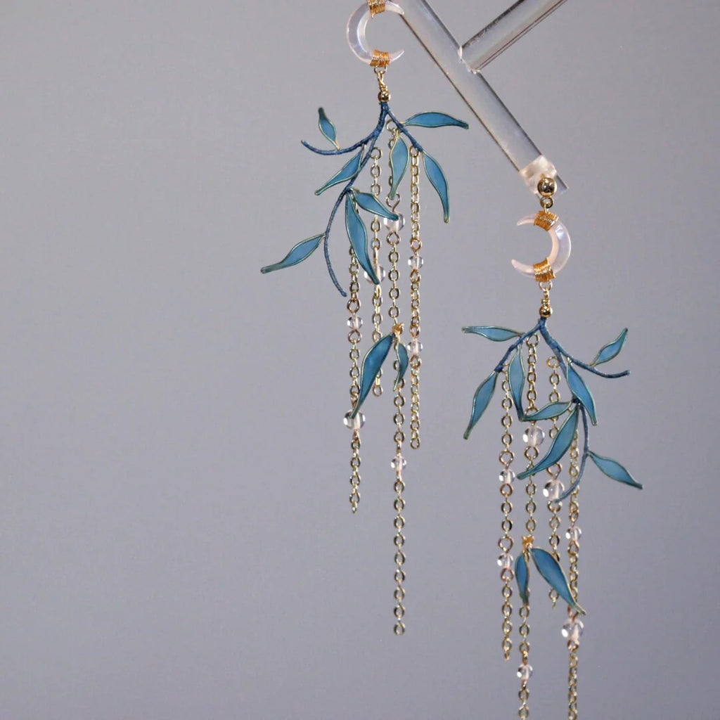 「Chinoiserie」Moonlit Bamboo Leaf Tassel Earrings,Lumivault.
