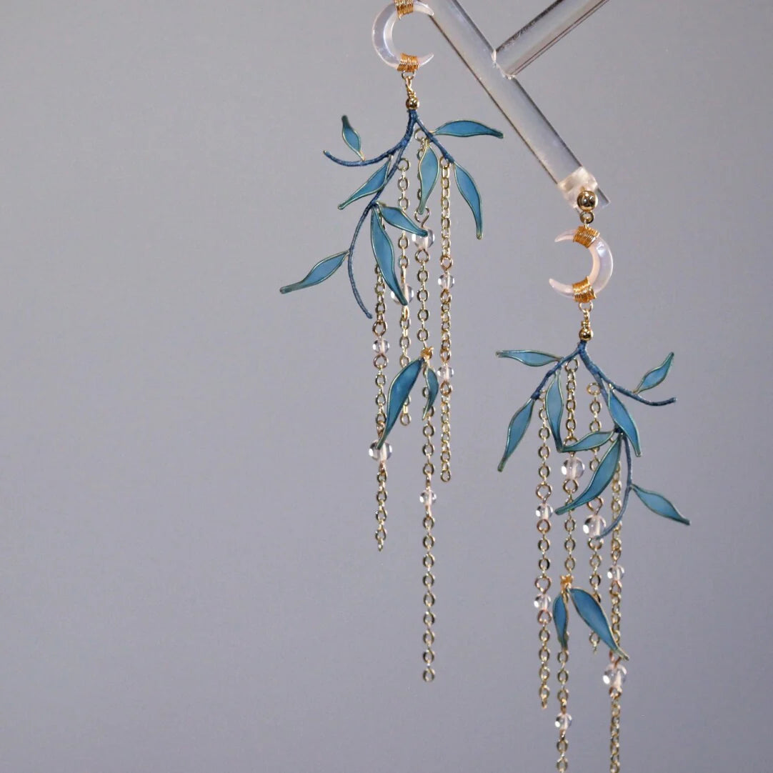 「Chinoiserie」Moonlit Bamboo Leaf Tassel Earrings,Lumivault.