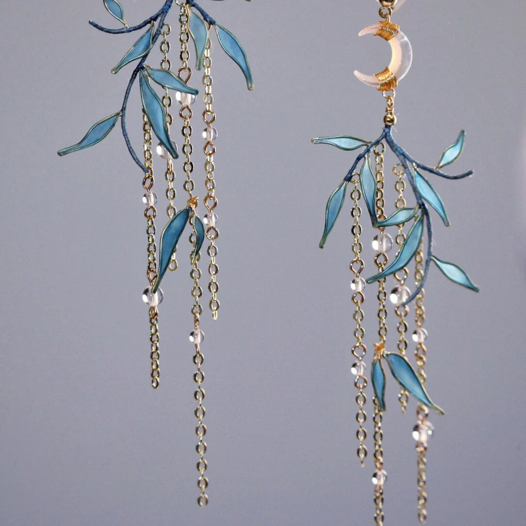 「Chinoiserie」Moonlit Bamboo Leaf Tassel Earrings,Lumivault.