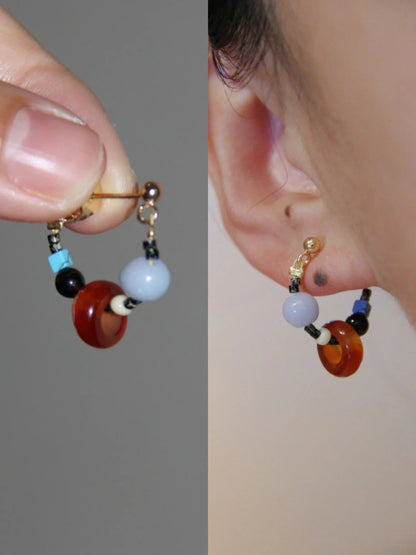 Chinoiserie Natural Agate Beaded Hoop Earrings