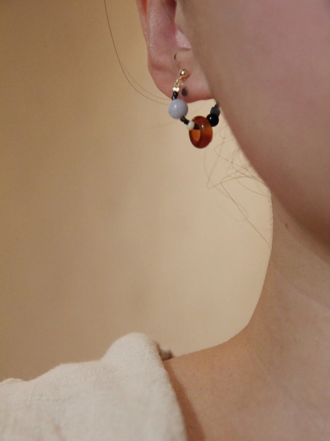 Chinoiserie Natural Agate Beaded Hoop Earrings,Lumivault.