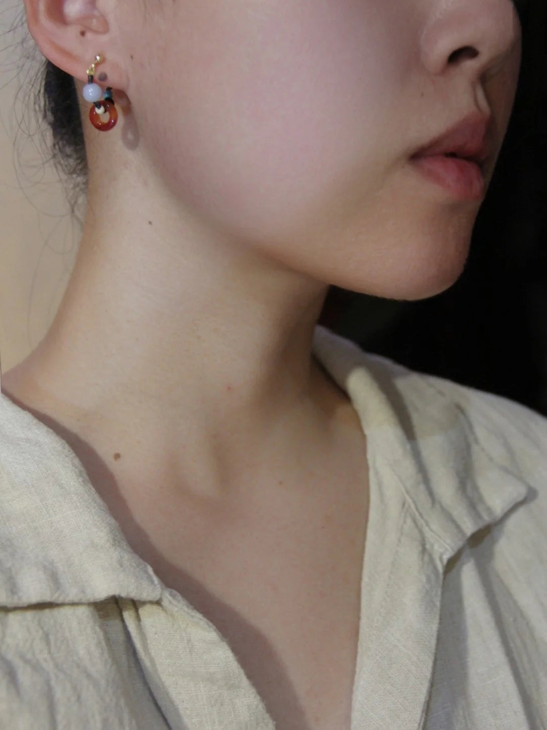 Chinoiserie Natural Agate Beaded Hoop Earrings,Lumivault.
