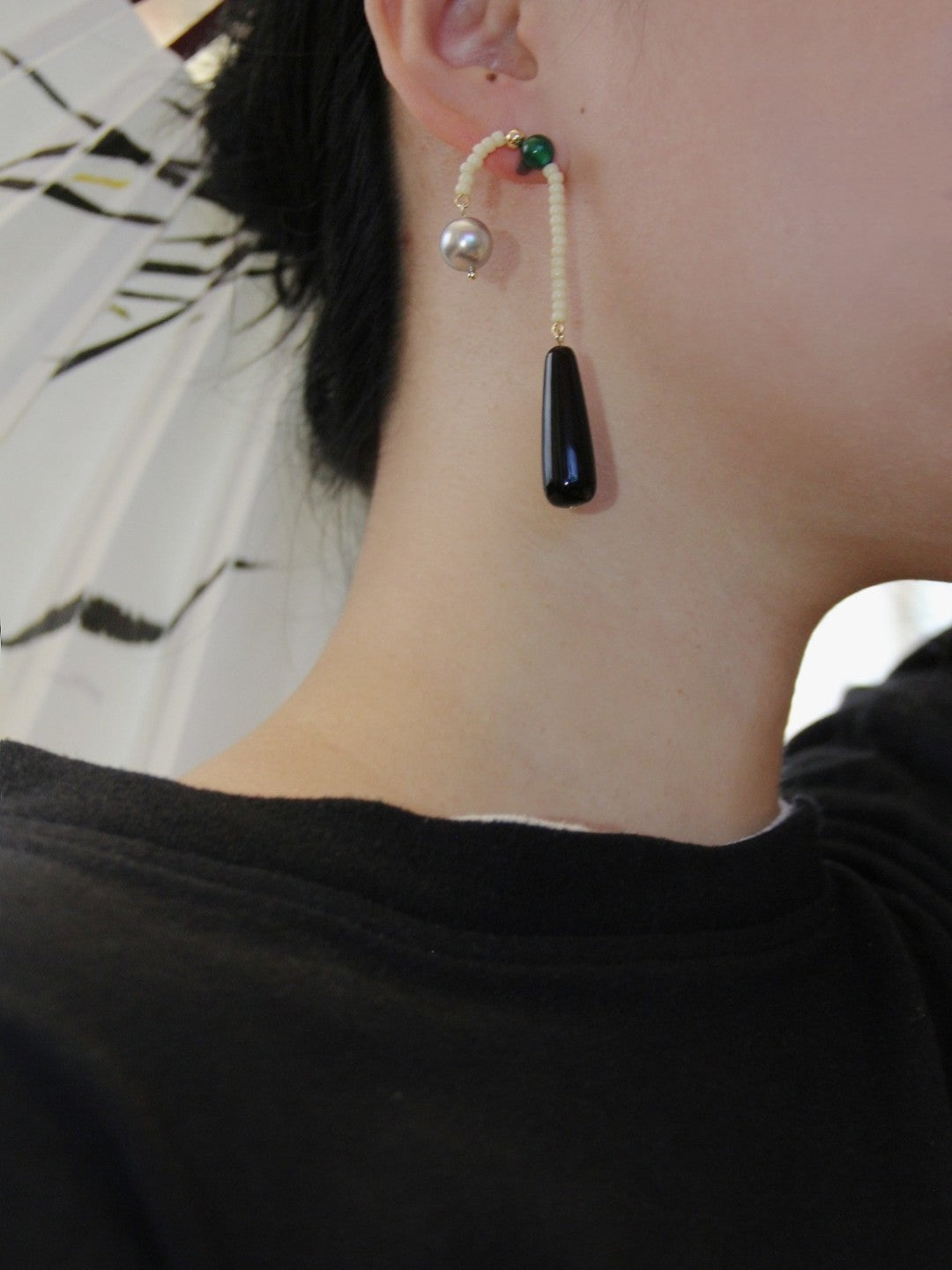 Chinoiserie Natural Agate Pearl Dangle Earrings,Lumivault.
