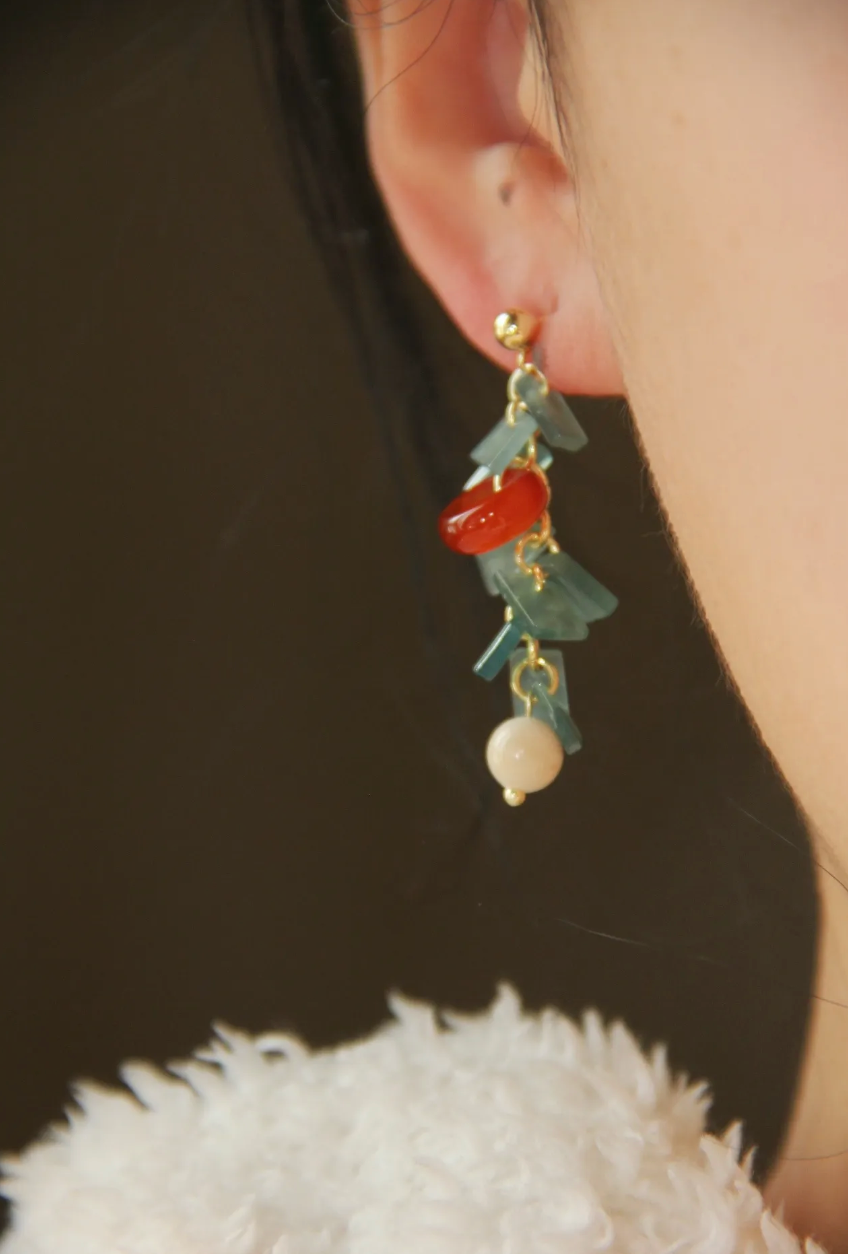Chinoiserie Natural Jade Agate Bamboo Earrings,Studs / Long,Lumivault.