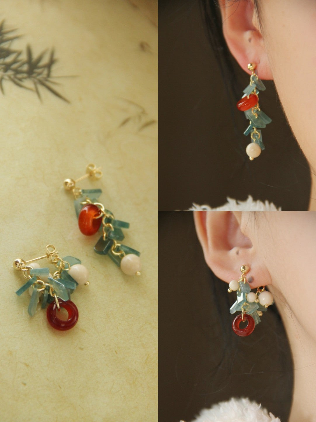 Chinoiserie Natural Jade Agate Bamboo Earrings,Lumivault.