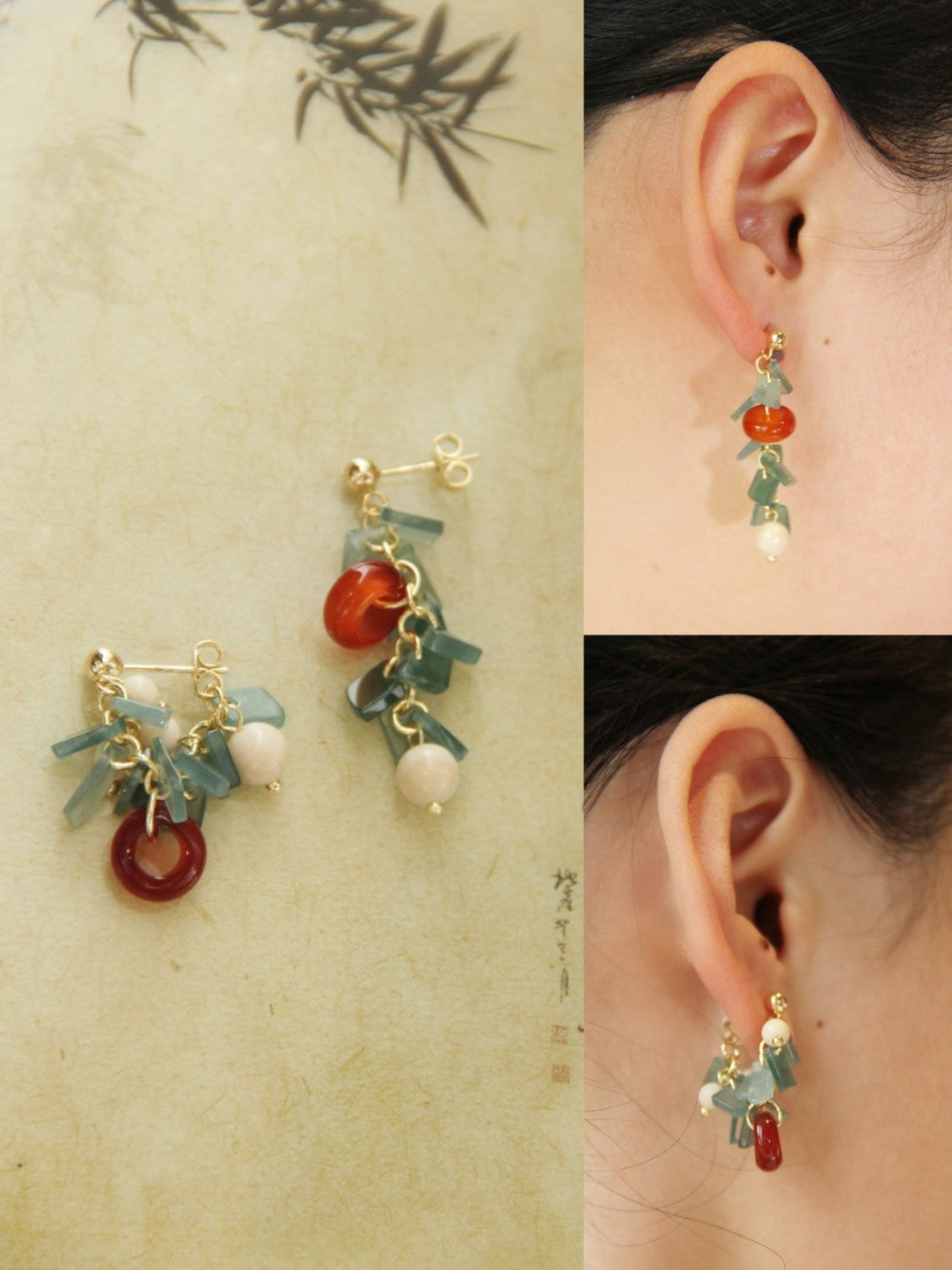 Chinoiserie Natural Jade Agate Bamboo Earrings,Lumivault.