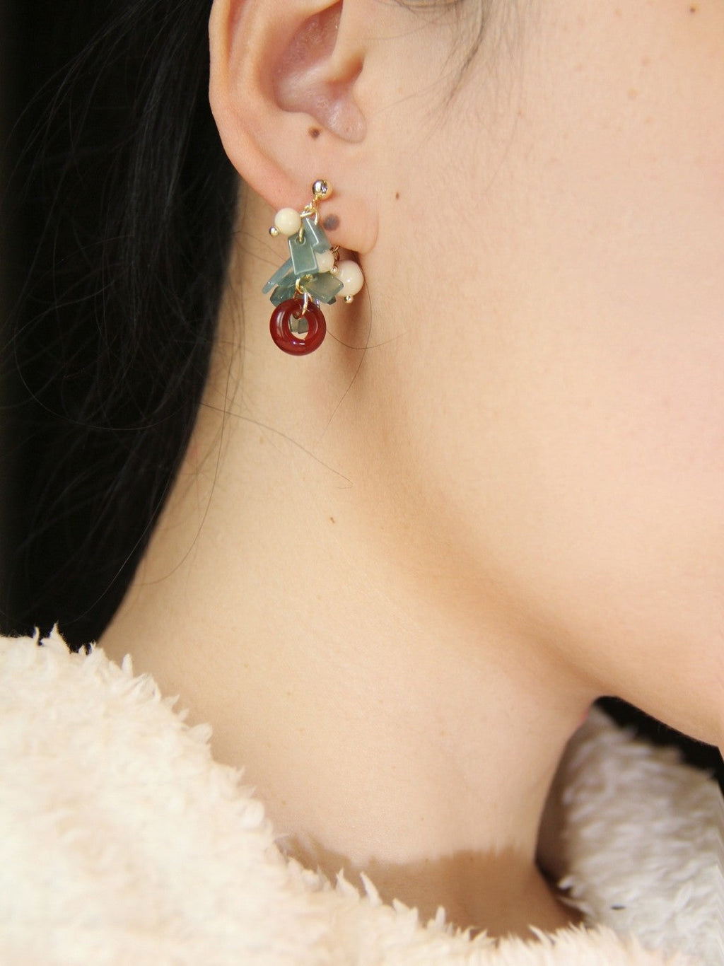 Chinoiserie Natural Jade Agate Bamboo Earrings,Studs / Short,Lumivault.