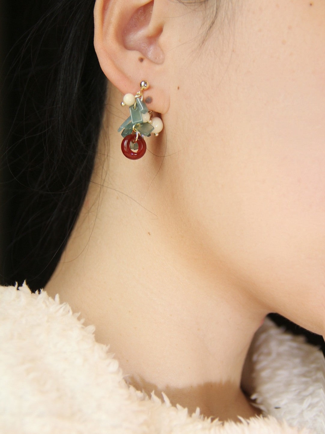 Chinoiserie Natural Jade Agate Bamboo Earrings,Studs / Short,Lumivault.