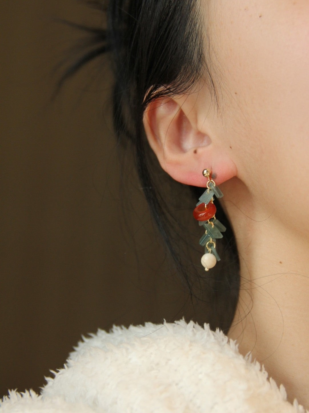 Chinoiserie Natural Jade Agate Bamboo Earrings,Lumivault.