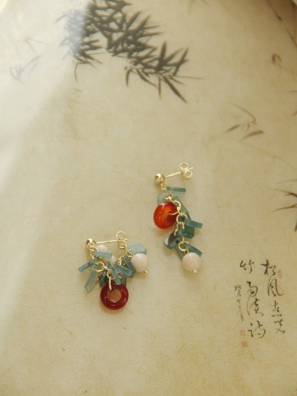 Chinoiserie Natural Jade Agate Bamboo Earrings,Lumivault.