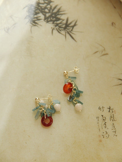 Chinoiserie Natural Jade Agate Bamboo Earrings