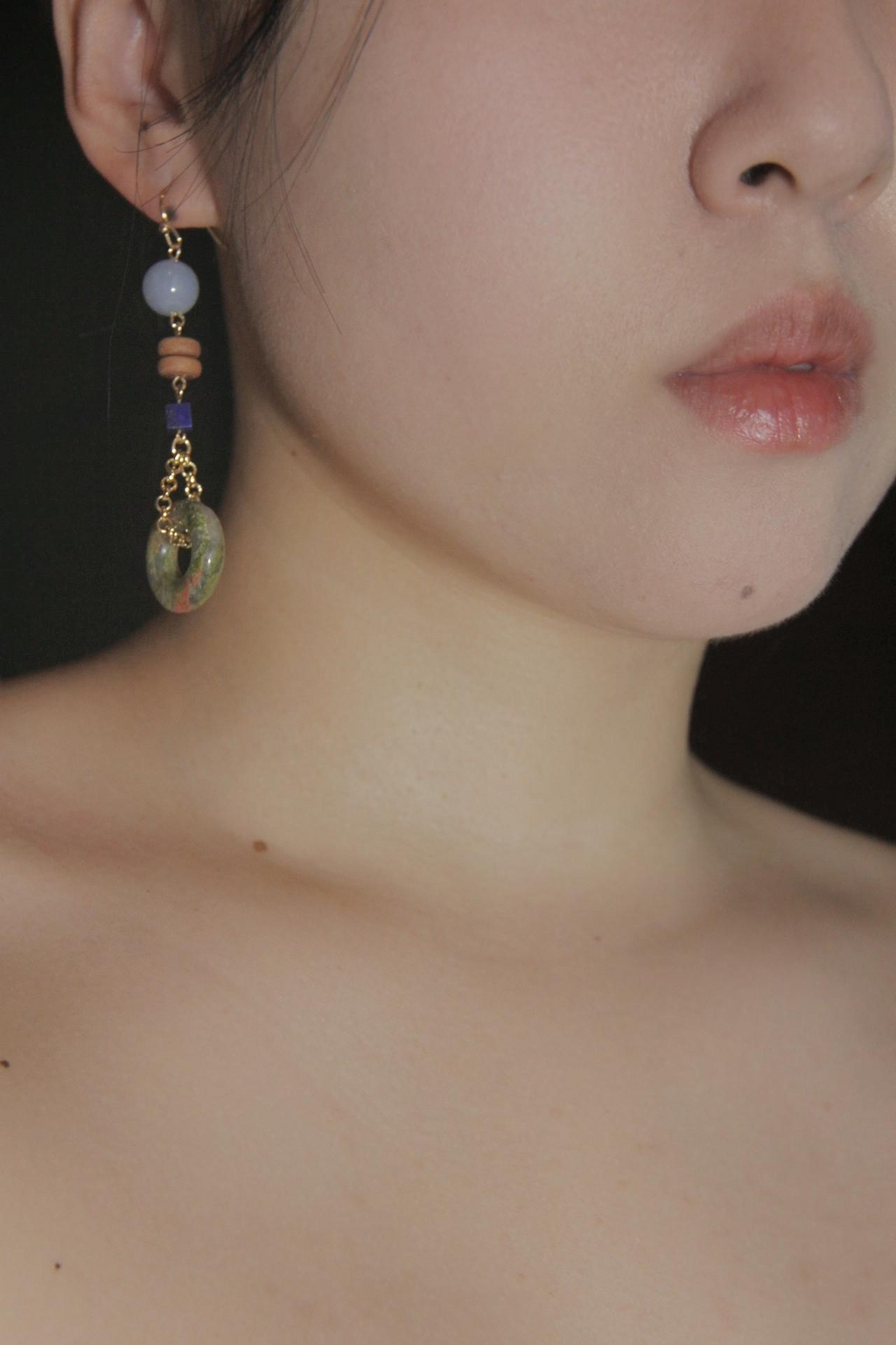 Chinoiserie Natural Jade Asymmetric Dangle Earrings,Lumivault.