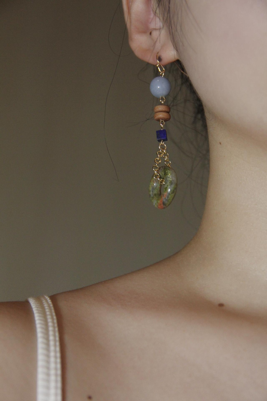 Chinoiserie Natural Jade Asymmetric Dangle Earrings,Lumivault.