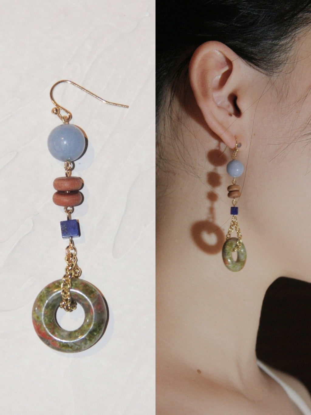 Chinoiserie Natural Jade Asymmetric Dangle Earrings,Lumivault.