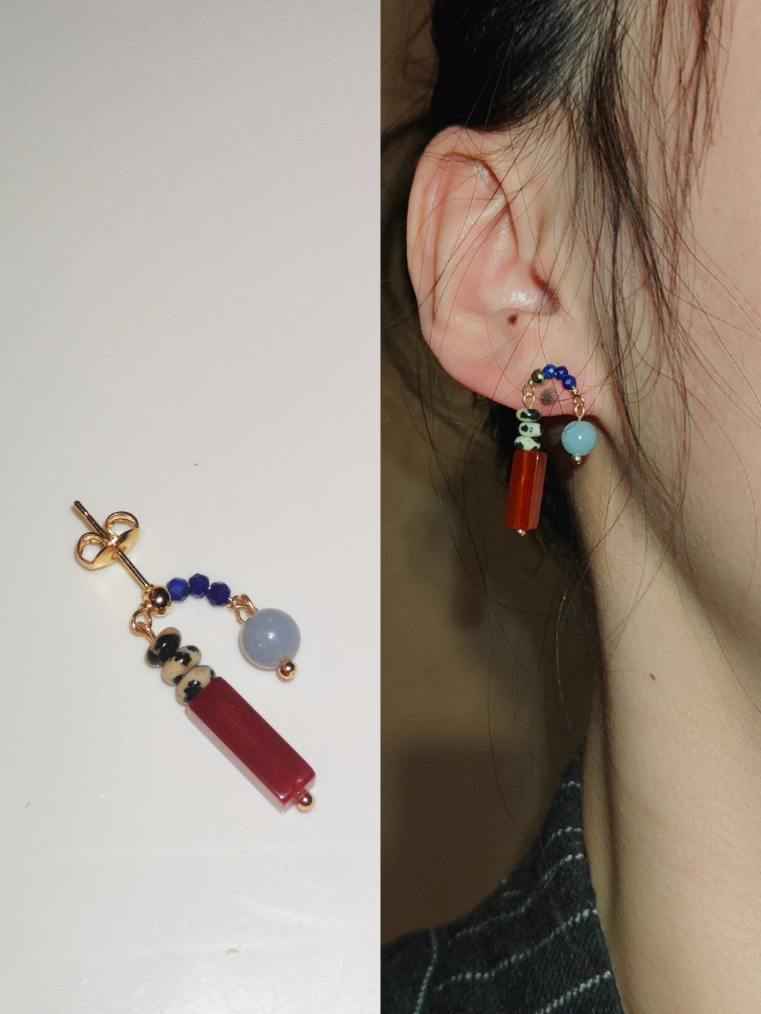 Chinoiserie Natural Jade Asymmetric Red Earrings,Lumivault.