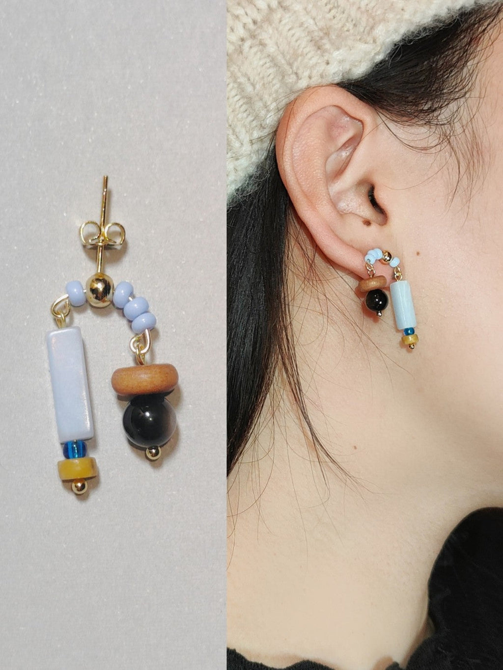 Chinoiserie Natural Jade Asymmetric Red Earrings,Studs / Blue,Lumivault.