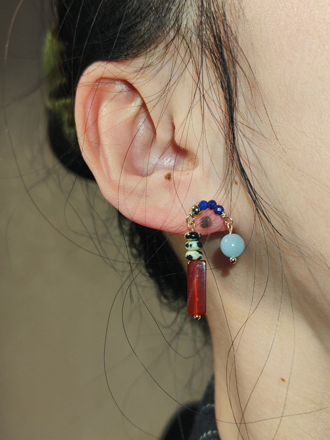 Chinoiserie Natural Jade Asymmetric Red Earrings,Lumivault.