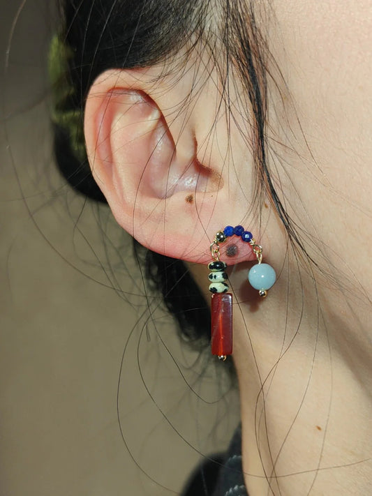 Chinoiserie Natural Jade Asymmetric Red Earrings - Lumivault