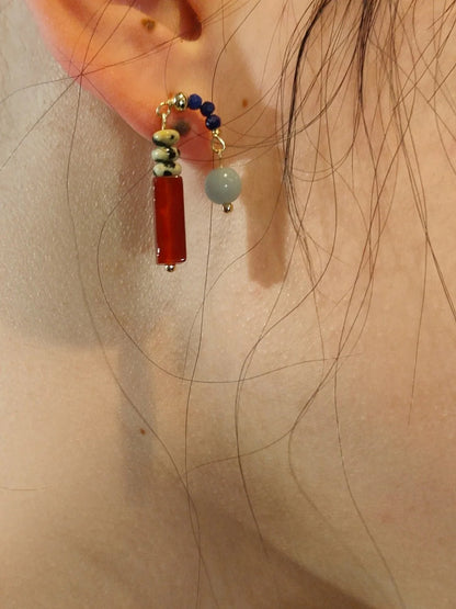 Chinoiserie Natural Jade Asymmetric Red Earrings - Lumivault