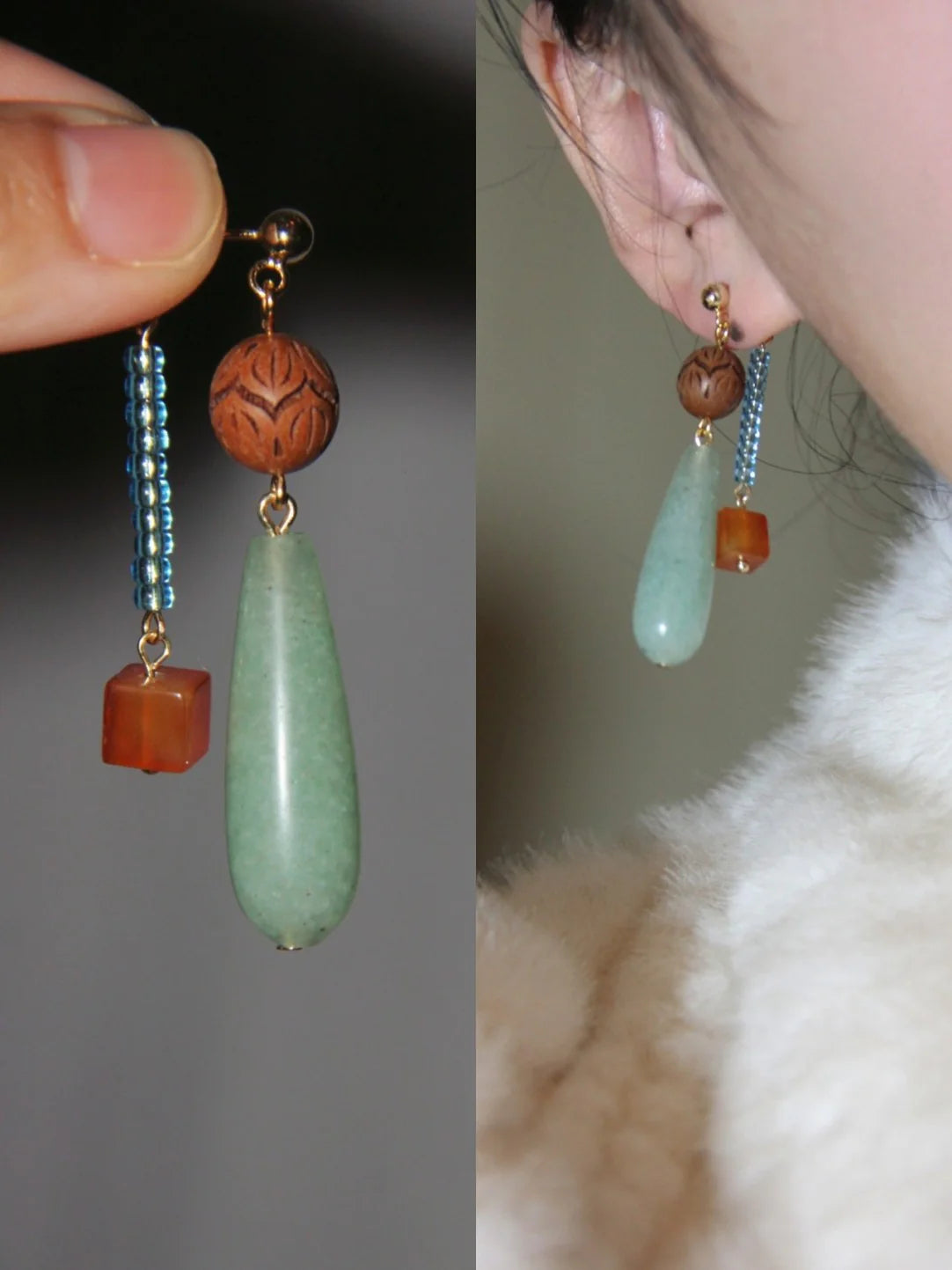 Chinoiserie Natural Jade Beaded Drop Earrings,Lumivault.
