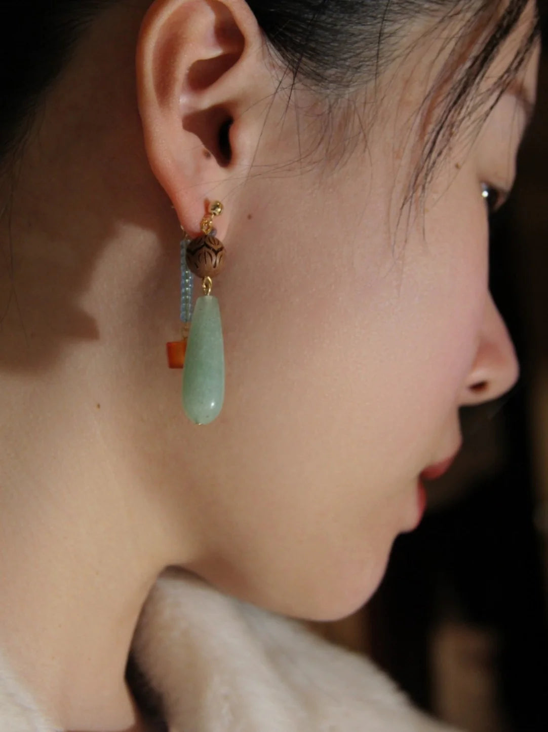 Chinoiserie Natural Jade Beaded Drop Earrings,Lumivault.