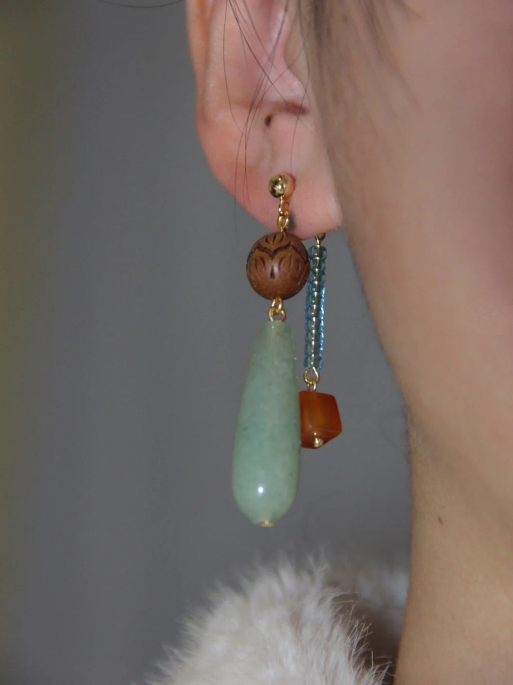 Chinoiserie Natural Jade Beaded Drop Earrings,Lumivault.