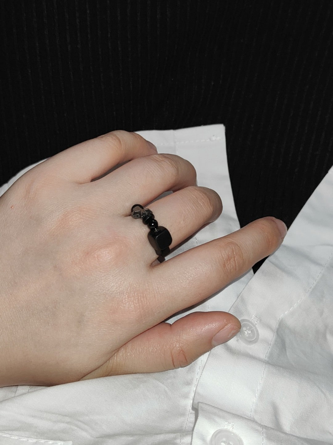 Chinoiserie Natural Jade Beads Ring,Black / 52,Lumivault.