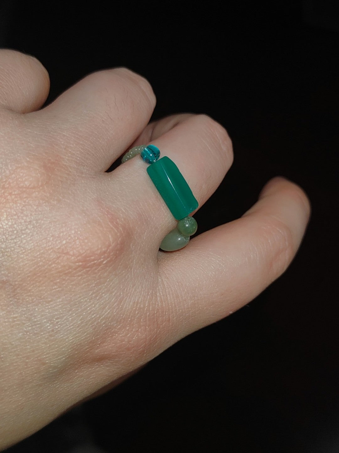 Chinoiserie Natural Jade Beads Ring,Green / 52,Lumivault.