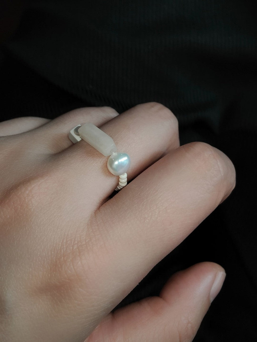 Chinoiserie Natural Jade Beads Ring,White / 52,Lumivault.