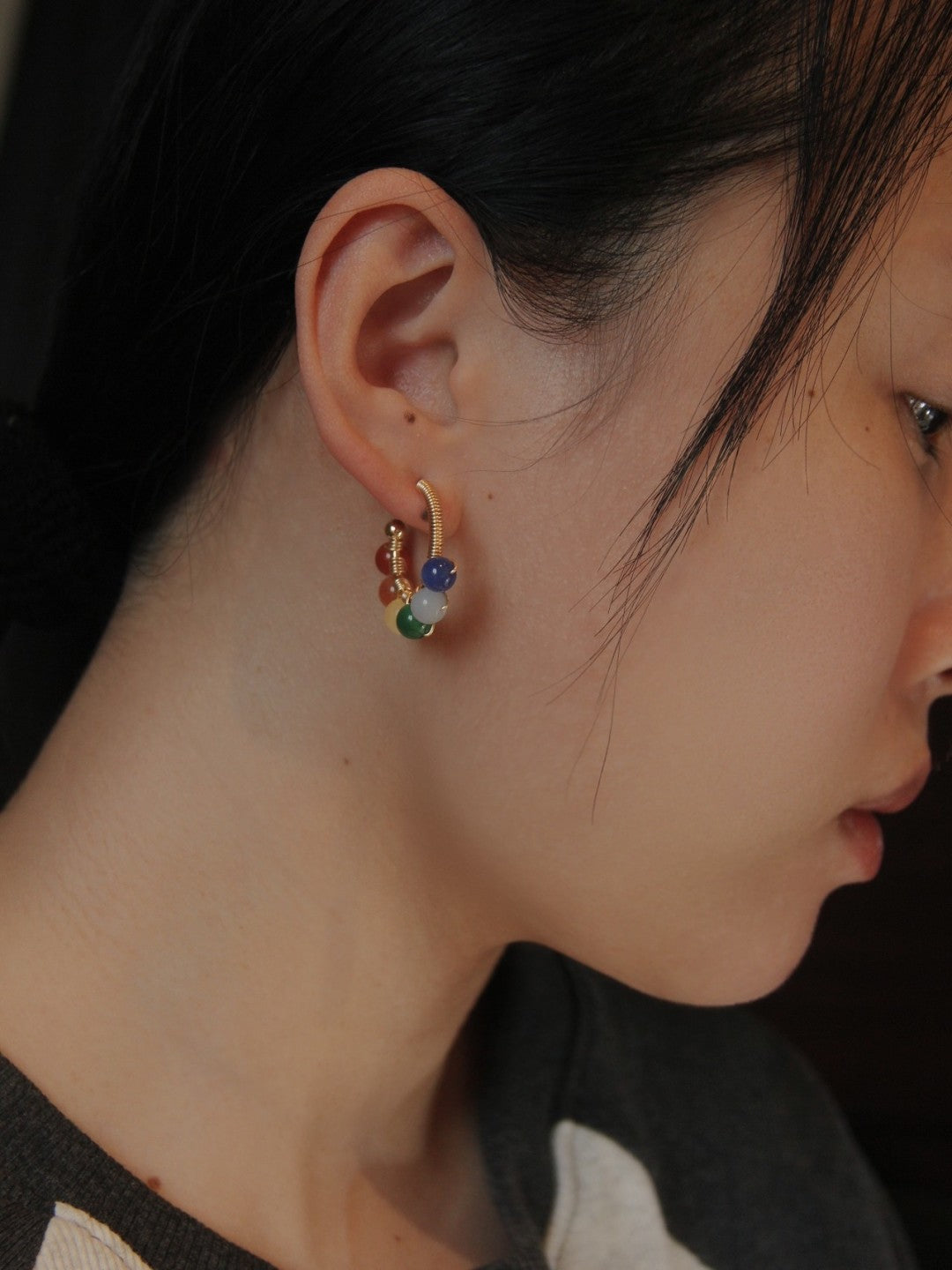 Chinoiserie Natural Jade Colorful Hoop Earrings,Lumivault.
