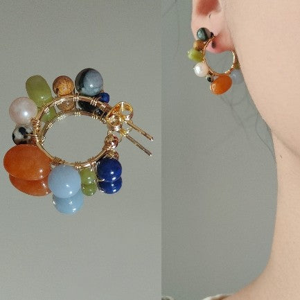 Chinoiserie Natural Jade Colorful Hoop Earrings,Lumivault.