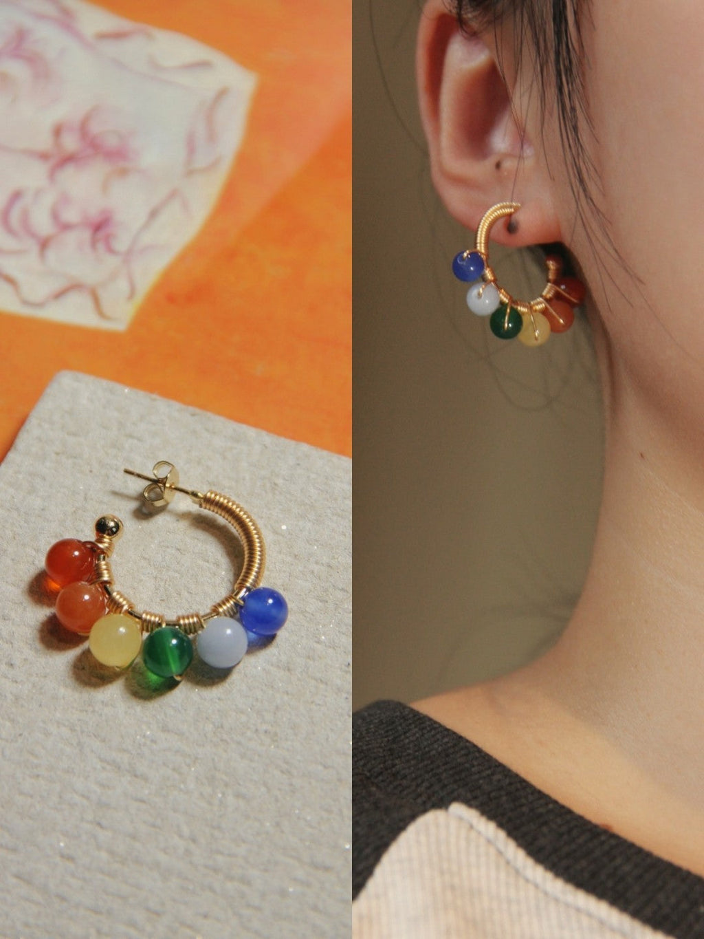 Chinoiserie Natural Jade Colorful Hoop Earrings,Lumivault.
