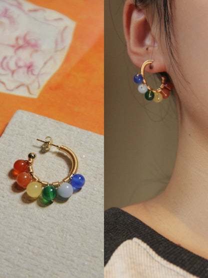 Chinoiserie Natural Jade Colorful Hoop Earrings