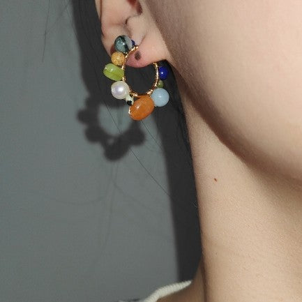Chinoiserie Natural Jade Colorful Hoop Earrings,Lumivault.