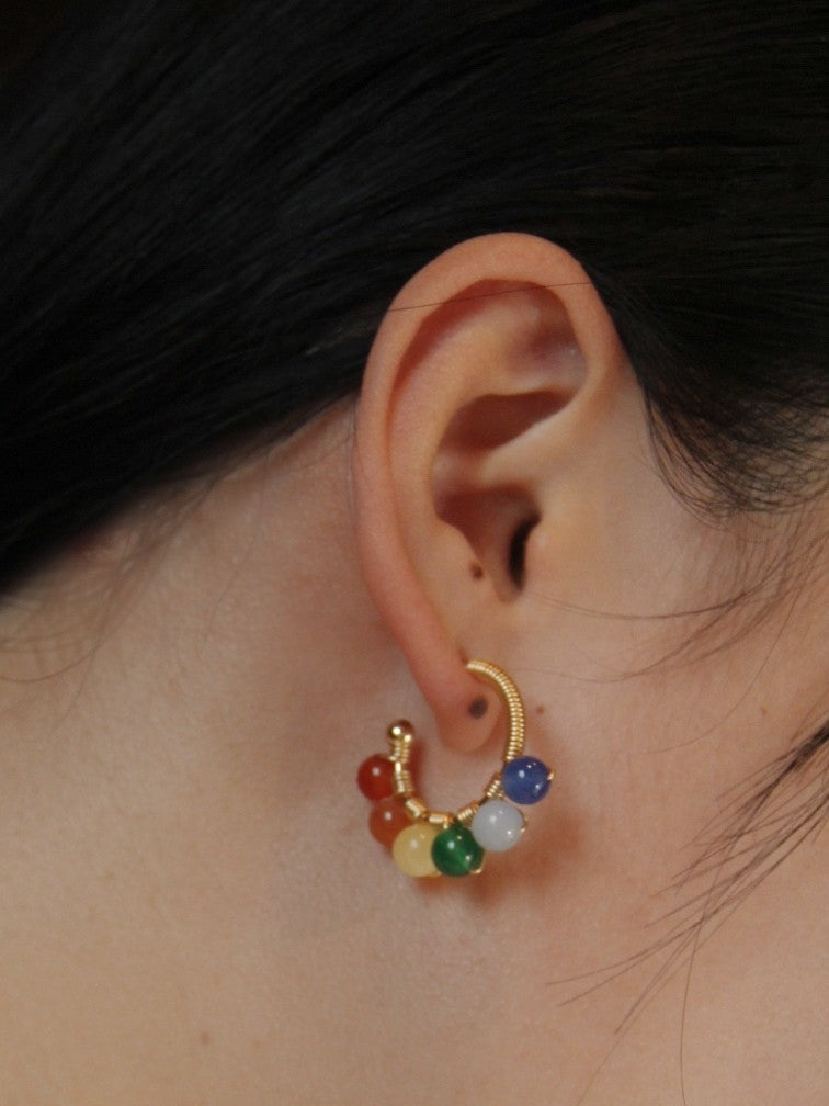 Chinoiserie Natural Jade Colorful Hoop Earrings,Lumivault.