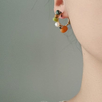 Chinoiserie Natural Jade Colorful Hoop Earrings
