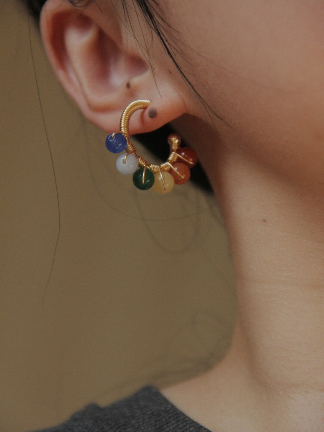 Chinoiserie Natural Jade Colorful Hoop Earrings