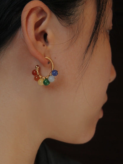 Chinoiserie Natural Jade Colorful Hoop Earrings
