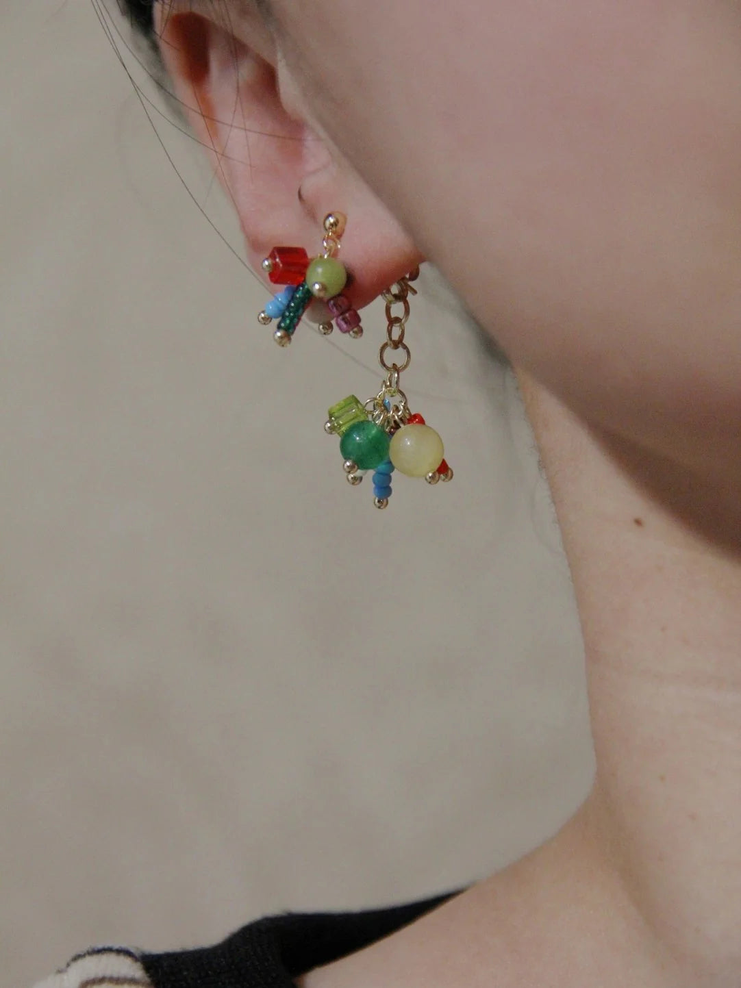 Chinoiserie Natural Jade Fireworks Beaded Earrings,Lumivault.