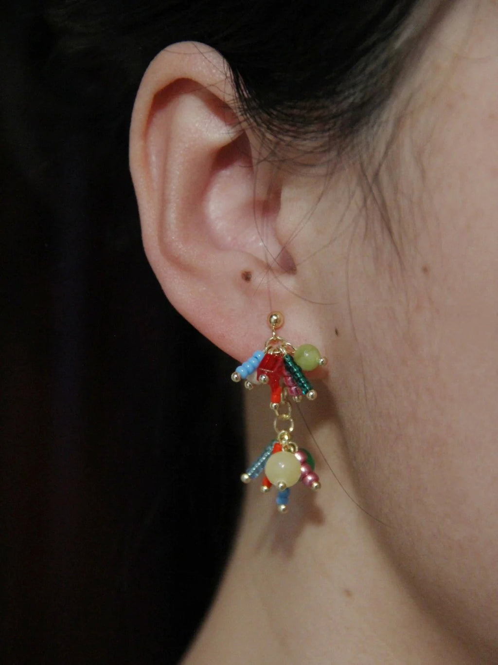 Chinoiserie Natural Jade Fireworks Beaded Earrings,Lumivault.