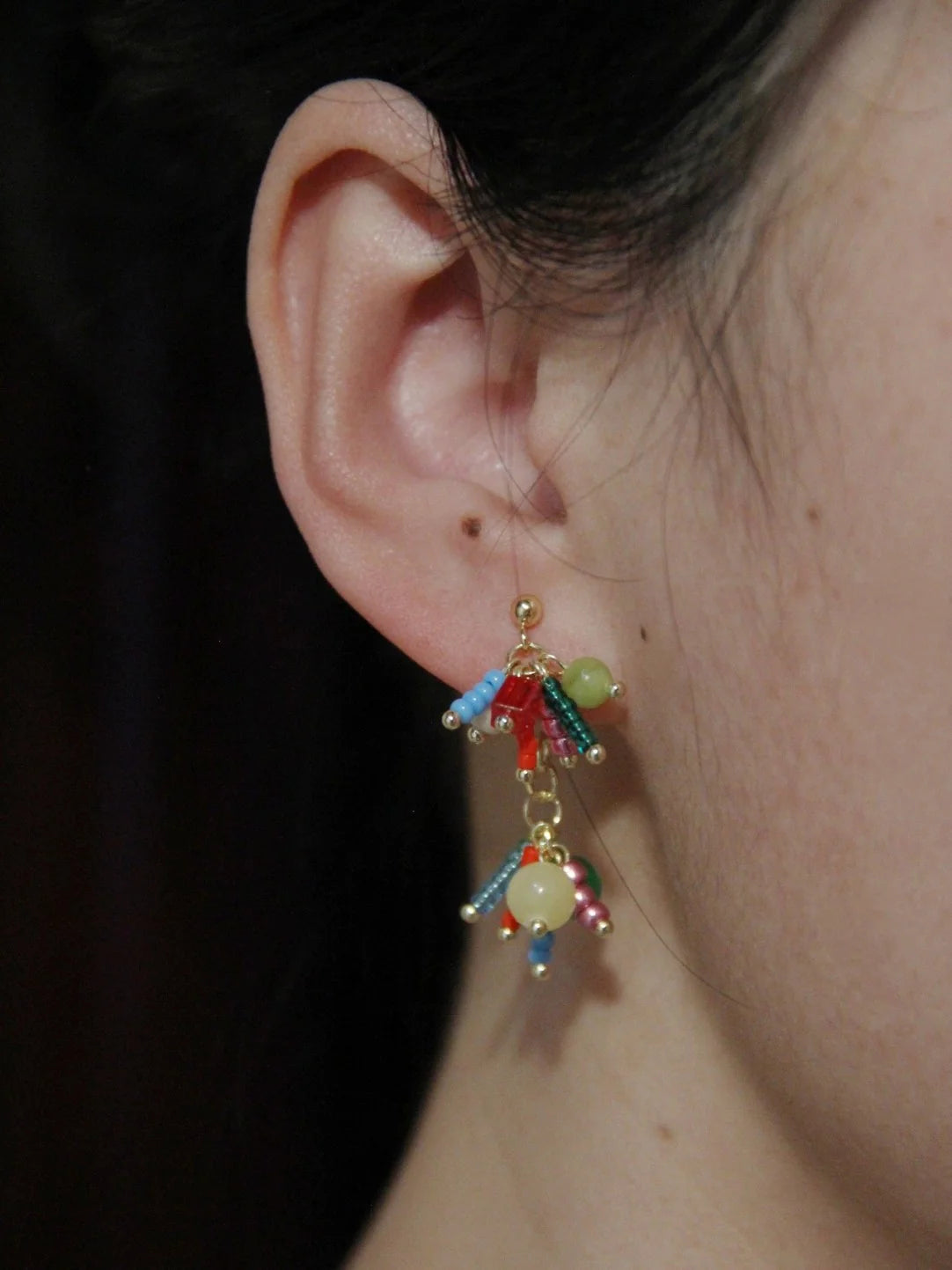 Chinoiserie Natural Jade Fireworks Beaded Earrings,Lumivault.